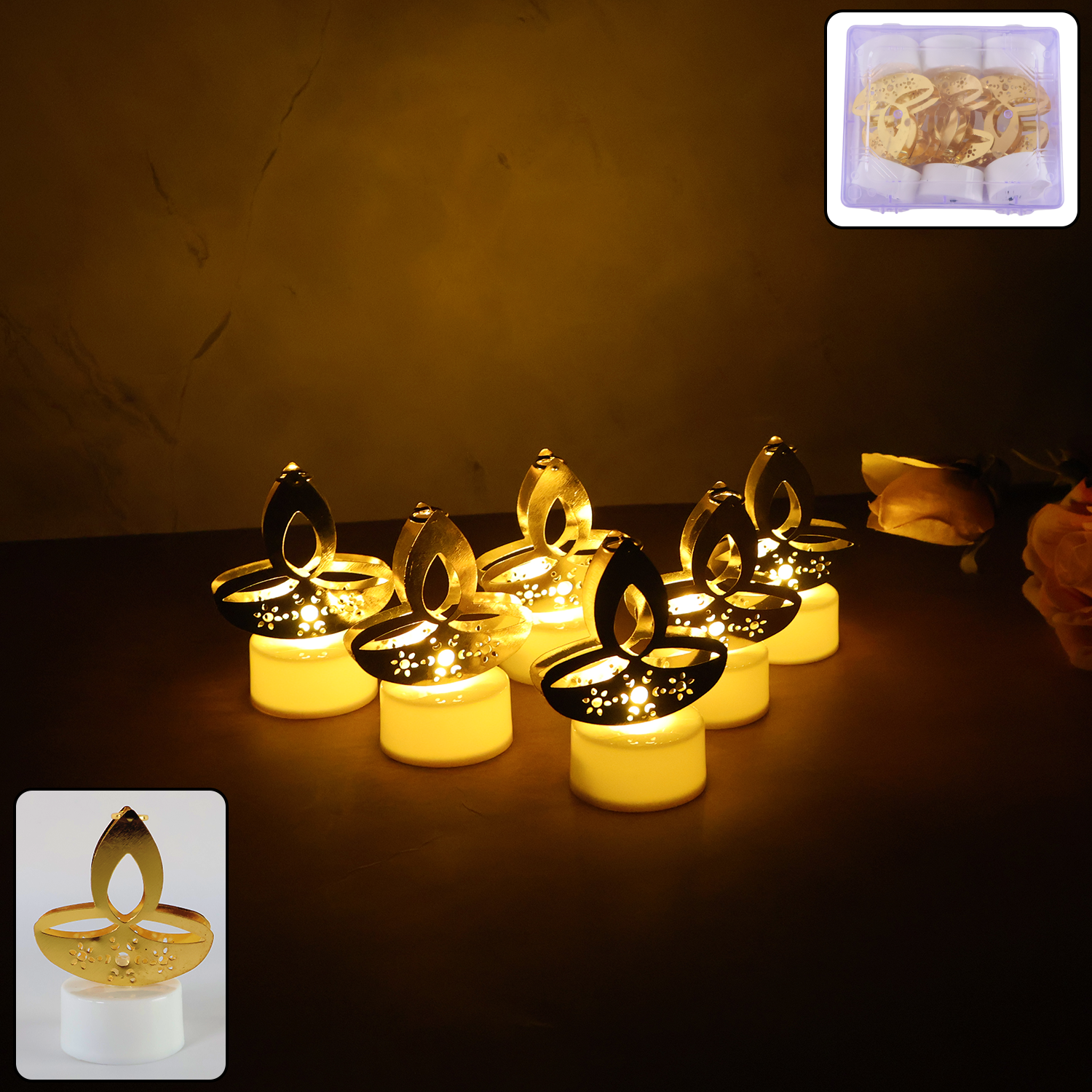 Golden Diya Shaped LED Tealight Candles (6 Pc) Golden Diya Shaped LED Tealight Candles (6 Pc)